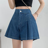 Purpdrank  Chic High Waist Denim Shorts Women Korean Casual Elastic High Waist Shorts Female Summer A Line Wide Leg Pleated Shorts Y2k