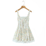Purpdrank  Princess Floral Print Front Cross Lacing Up Ruched Elastic Low Waist Sling Dress Women Swing A-lined Mini Tank Dresses Robe