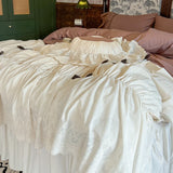 Purpdrank  100% Cotton Vintage French Pleated Lace Ruffles Bow Princess Bedding Set Duvet Cover Set Bed Skirt Bedspread Pillowcases