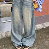 Purpdrank  Spring Autumn Vintage Chicly Button Jeans Women American Simple Baggy High Waisted Denim Pants Washed Y2K Wide Leg Jean Trousers