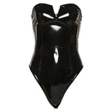 Purpdrank  Strapless PU Leather Sexy Bodysuits Ladies Zipper Design Bodycon Top Fashion Streetwear Open Crotch Sensual Playsuits