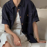Purpdrank  White Women's Shirt Summer 2025 New  Vintage Double Pocket Blouses Short Sleeve Korean Casual  Loose Polo Collar Streetwear Tops