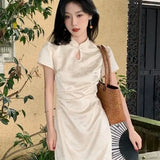 Purpdrank  New Chinese Style Waistband Slimming And Improved Qipao Summer Dress New Women Short Sleeve Long Patry Dress