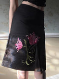 Purpdrank  Vintage Elegant Temperament  Medium Strecth Flower Embroidery A-LINE Slim Skirts