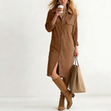 Purpdrank  Women's Corduroy Maxi Dress Lapel Collar Button Down Long Sleeve Casual Shirt Dress With Pockets Loose Side Slit Office Dresses