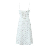 Purpdrank  Sexy White Floral Print Cross Lacing up Bandage Back Sling Dress Women Corset Style Bow Ruched Chest Hem Slit Swing Midi Robe