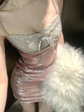 Purpdrank  Spicy Girl Glitter Blingbling Sequined Club Mini Dress Summer Women Slash Neck Sheath Slip Dress Sleeveless Pencil Straps Dress