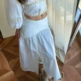 Purpdrank  Summer White Lace Slit Skirt French Elegant Folds Long Skirt Balletcore Y2k High Waist Loose a-Line Skirt Mujer Faldas 514A