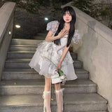 Purpdrank  Princess Style Floral Print Puffy Sleeve Short Dress Women's Summer Tea Break Waist Cinched Bubble Skirt City Walk Dress