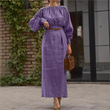 Purpdrank  Women's Fashion Solid Skirt Set Elegant O-neck Full Sleeve Pleated Top Loose Maxi Skirt With Belted Lady 2025 Summer Chic Outfit