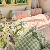 Purpdrank  Korean Princess Style Double Layer Lace Flower Embroidery 100% Cotton Bedding Set Plaid Style Duvet Covers Bed Sheet Pillowcases