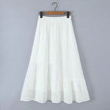 Purpdrank  Holiday White Embroidery Spliced Hollow Out Hole Elastic Waist Maxi Long Skirt Women Ruffles Hem Swing A-lined Skirts Boho