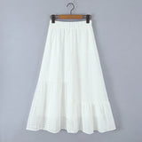 Purpdrank  Holiday White Embroidery Spliced Hollow Out Hole Elastic Waist Maxi Long Skirt Women Ruffles Hem Swing A-lined Skirts Boho