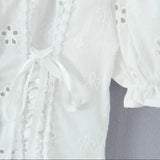 Purpdrank  Sweet White Embroidery Hollow Out Hole Splice Lace Peter Pan Collar Short Sleeve Shirt Women Ribbon Front Slim Crop Tops