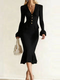 Purpdrank  Elegant V-neck Button Fishtail Dress Casual Flared Sleeve Hight Waist Slim Long Dress Women Fashion Commute Solid Party Dresses