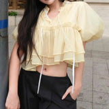 Purpdrank  Stylish Yellow Bow Wood ears O collar Short Lantern Sleeve Shirt Women 2 Layers Ruffles Hem Chiffon Crop Tops Blouse Femme