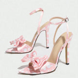 Purpdrank  Elegant Polka Dot Silk High Heel Sandals for Women with Fine Butterfly Knot College Style Gentle And Classy Footwear