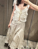 Purpdrank  Creamy Lace Ruffled Layered Strappy Top Women Blouses Vintage Sleeveless O Neck Cropped Camisole Boho Beach Sheer Tanks Tops