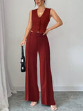 Purpdrank  Women's 2Pcs Red Date Night Front Buckle V-Shaped Hem Solid Button Front Vest Jacket & Seam Front Pants Two Piece Set