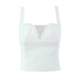Purpdrank  White Cotton Spliced Embroidery Lace Wood ears V neck Camisole Camis Women Summer Tank Tops Side Zipper Girl Slim Crop Top