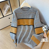 Purpdrank  High Quality Striped Knitted Sweater Women Fall Winter Korean Loose O Round-neck Jumpers Retro Long Sleeves Streetwear Tops New