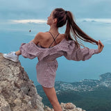 Purpdrank  Plaid Two Piece Sets Women Summer Lantern Sleeve Shirt Tops With Wide Leg Shorts Sets Elegant Fashion Casual Loose Female Suit