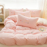 Purpdrank  Pink Bedding Sets Solid Color Washed Cotton Home Girls Bedroom Decor Duvet Cover Pillowcase Bedspread Embroidery Four Piece Set