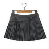 Purpdrank  Y2K American Retro Women Gray Solid Color Bow Belt Ruched Pleated Mini Skirt Side Zipper A-line Short Saia Skirt Cool Girl