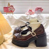 Purpdrank  Brown Thick Heel Bow Tie Women's Shoes New Style Autumn Heightening British Style Single Shoes Thick Bottom High Heels