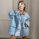 Purpdrank  Retro Denim Jacket Women's Autumn New Color Block Collar Jacket Loose Fit Long Sleeve Cotton Polyester Street Style Coat