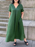 Purpdrank  Summer Fashion Elegant Women's Dress V-neck Cotton Linen Solid Color Pleated Short Sleeve Casual Pocket Split Long Dress