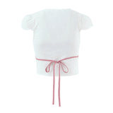 Purpdrank  Sexy White Embroidery Hole Lace Spliced Red Bow V neck Short Puff Sleeve Shirt Women Lacing Up Sashes Back side Zipper Crop Tops