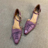 Purpdrank  Purple Retro Leather Pu Women Pumps Fashion Lace Design Bow Low Heel Sandals Elegant Pointed Toe Ankle Belt Buckle High Heels