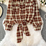 Purpdrank  Retro Hong Kong Sle Plaid Long Sve irt Women's ort Length Turn-down Collar Slimming Waist Tie Top for Autumn 2025