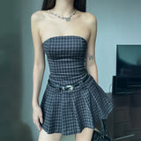 Purpdrank  Summer Tube Dress y2k Women Plaid Print Off Shoulder Strapless Sleeveless A Line Mini Dress Going Out Party Dresses