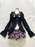 Purpdrank  Japanese Gothic Vintage Elegant Women 3 Piece Set Y2k Black Design Cardigan + Chic Tops + Plaid Skirts New Fashion Retro Outfits