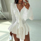 Purpdrank  Lace Trim Ruffled Long Sleeve Dresses Women' S Clothes Autumn 2025 V Neck Flare Sleeve Irregular Mini Dress