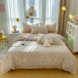 Purpdrank  INS Girls Cherry Soft Bedding Set Washed Cotton Bed Sheet Queen King Size Duvet Set Flower Comforter Set Pillowcase Bed Linens