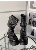 Purpdrank  Retro Mid-Calf  Boots Women's Long Boots Thi Bot ort Boots Korean Sle Spring Autumn Season Flat Heel PU Material