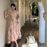 Purpdrank  Chinese Style Light Pink Cheongsam Dress Women Elegant Floral Print Party Dress Summer Short Sleeve Stand Collar A Line Chipao