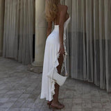Purpdrank  Stereoscopic Flower Neck Slim Summer Dress Sexy Off Shoulder Pleat Split Long Dress Fashion Irregular Lotus Leaf Edge Party Dres