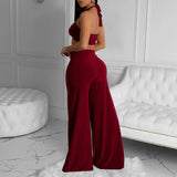 Purpdrank  Irregular Velvet Long Pants Two-pieces Set Criss-cross Hanging Neck Lacing Tank Tops+Hollow Trousers Fashion Sexy Club Wear