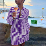 Purpdrank  Streetwear Casual Striped Print Shirt Dress for Women Long Sleeve Turn-down Collar Single Breasted Loose Mini Dress Clubwear