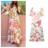 Purpdrank  Summer New Women's Fashion and Elegance Slim Fit Versatile Printed Embroidered Square Neck Dress