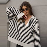 Purpdrank  Knit Striped Women Sweater Full Sleeve Deep V Neck Female Top 2025 Fashion Casual Autumn Loose Turn-down Collar Lady Pullovers
