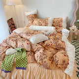 Purpdrank  Korean Ins Rose Pastoral Lace Quilt Cover Washed Cotton Princess Bedding Sets Bed Skirt Ruffles Pillowcase Woman Duvet Cover