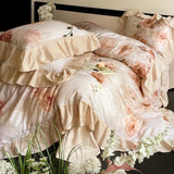 Purpdrank  Vintage French Rose Flowers Prints Ruffles Bedding Set 100% Cotton Brushed Fabric Duvet Cover Set Bed Sheet Pillowcases 4Pcs