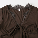 Purpdrank  American Retro Y2k Sexy Sweet Lace Bow V Neck Long Sleeve Slim Solid Streetwear T-Shirts