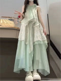 Purpdrank  Summer New Vintage Sleeveless Neck Floral Long Dress Women's Elegant Ruffles Lace Dress Korean Fashion Fairy Holiday Party Dress