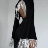 Purpdrank  Sexy Square Collar Hollow Backless Club Dress Solid Flare Sleeve Tassel Edge Party Dresses High Street  Mini Dresses